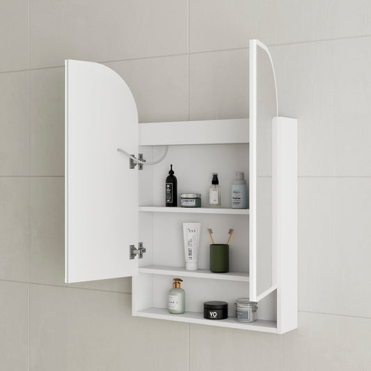 Tura Arch 600mm x 900mm Fronlit LED Mirrored Shaving Cabinet with Exposed Shelf, Matte White