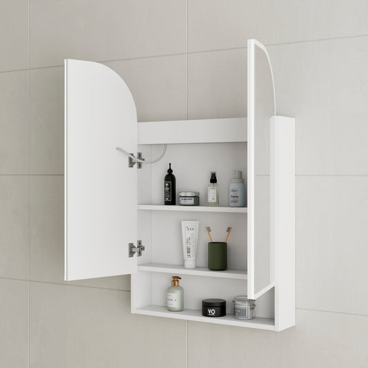 Tura Arch 600mm x 900mm Fronlit LED Shaving Cabinet Mirror with Exposed Shelf, Matte White