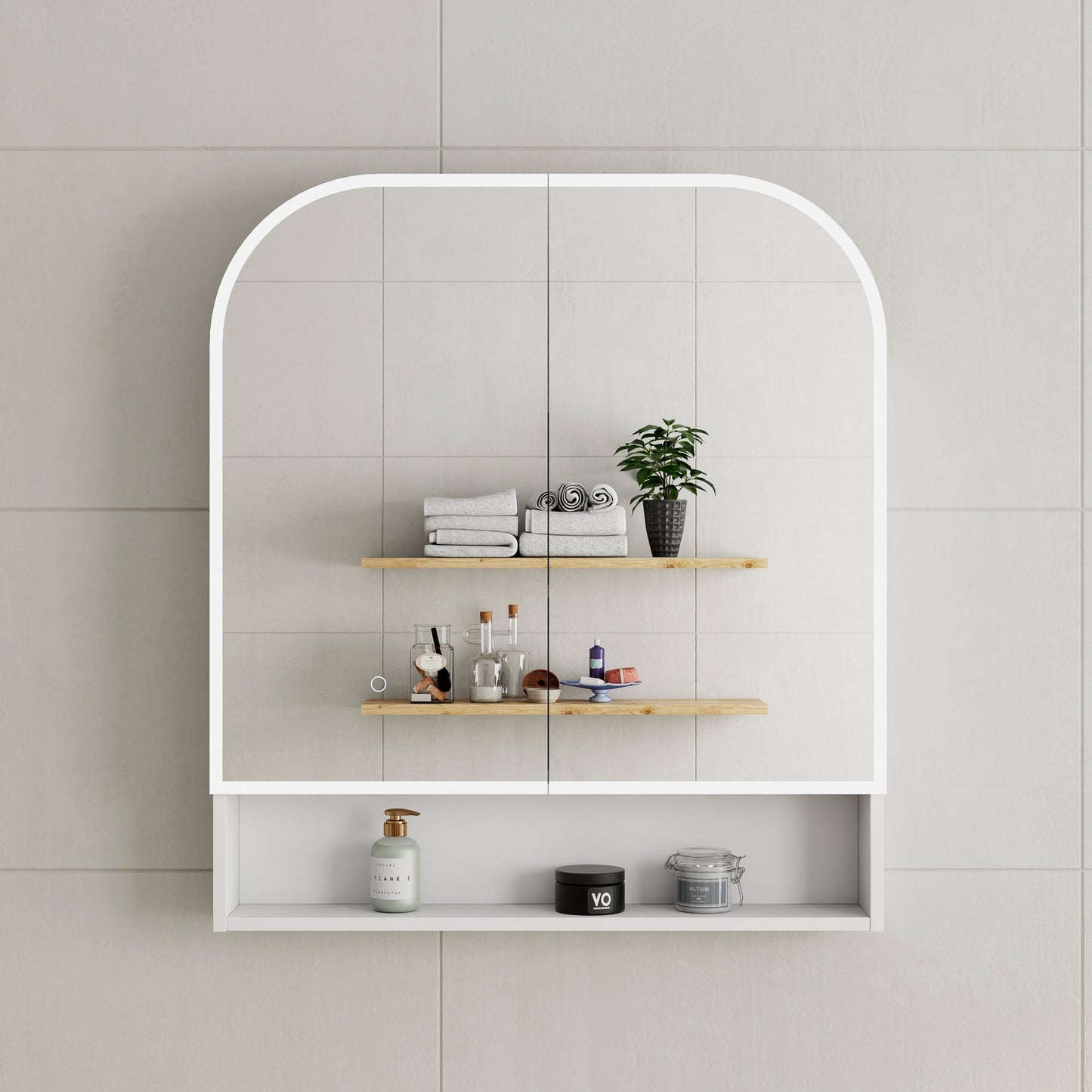 Tura Arch 800mm x 900mm Fronlit LED Shaving Cabinet Mirror with Exposed Shelf, Matte White
