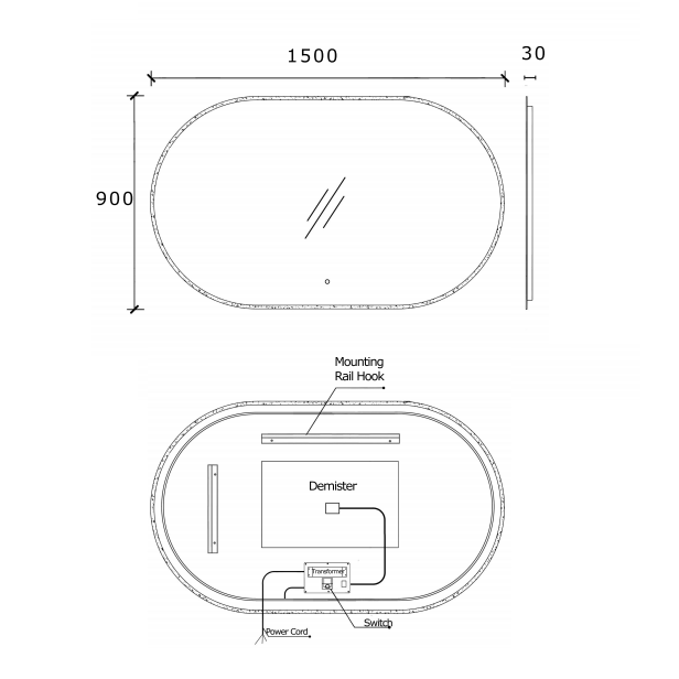 Pill Oval 1500mm x 900mm LED Mirror with Frosted Border and Demister ...