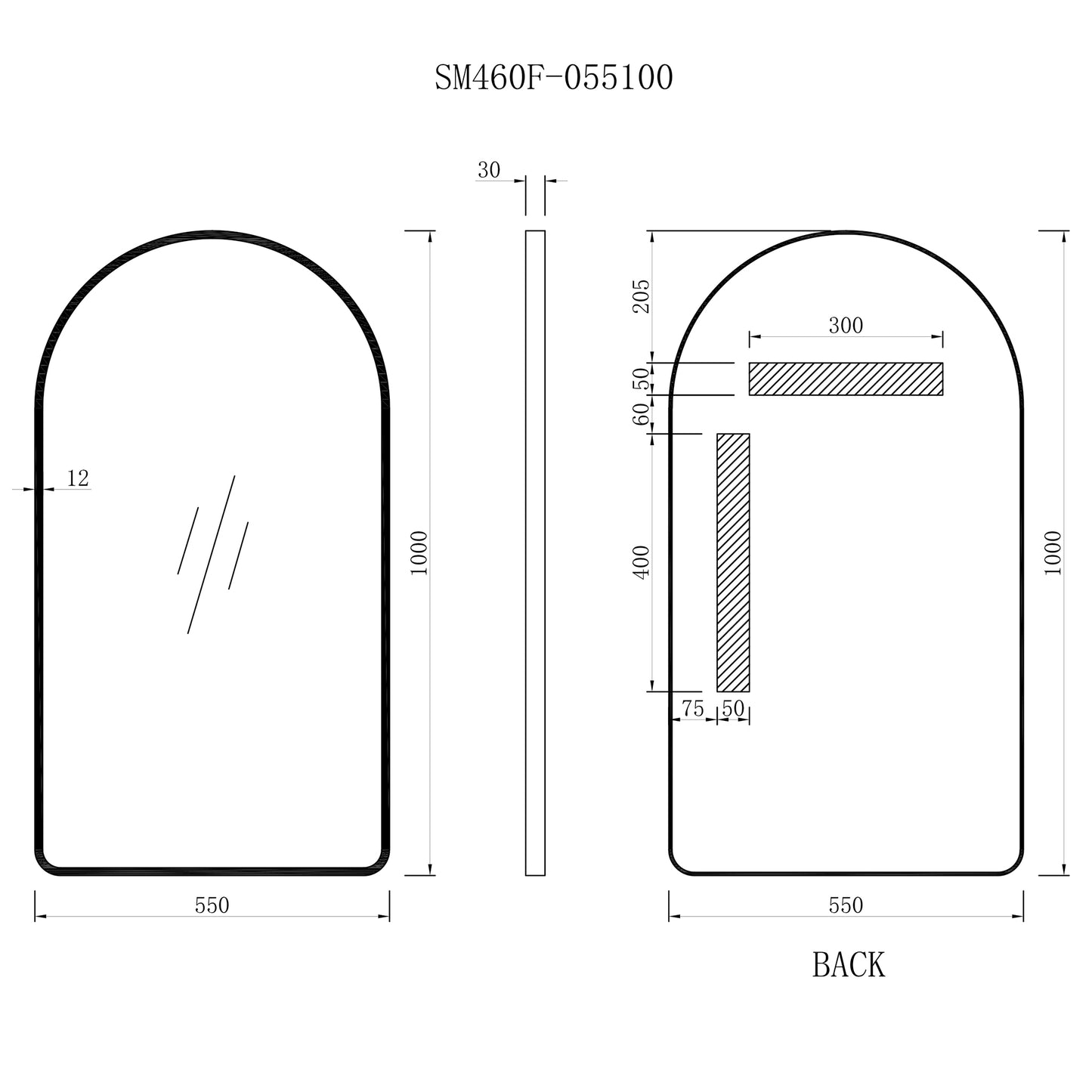 Arco Arch 550mm x 1000mm Mirror with Matte Black Frame