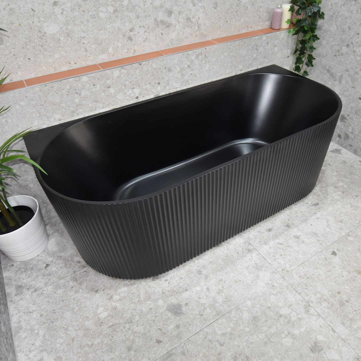 Brighton Groove 1700mm Back to Wall Fluted Oval Freestanding Bath, Matte Black