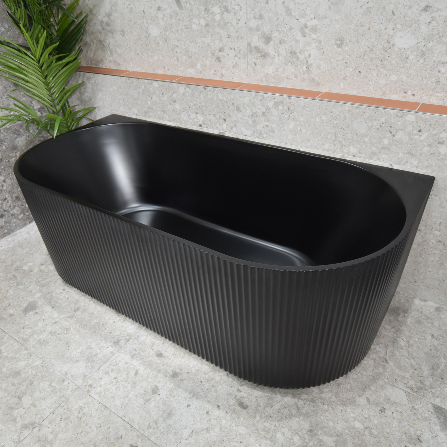 Brighton Groove 1700mm Back to Wall Fluted Oval Freestanding Bath, Matte Black